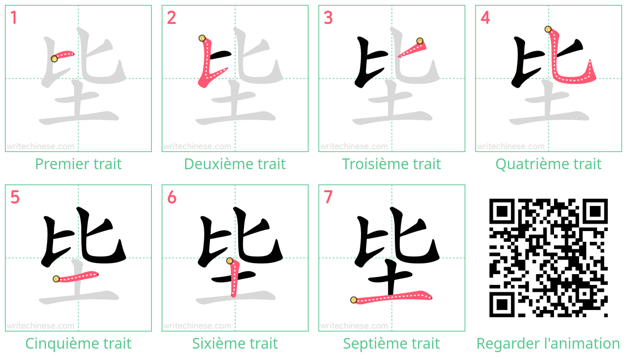 Diagrammes d'ordre des traits étape par étape pour le caractère 坒