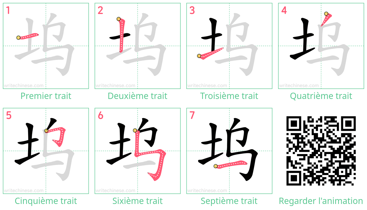 Diagrammes d'ordre des traits étape par étape pour le caractère 坞