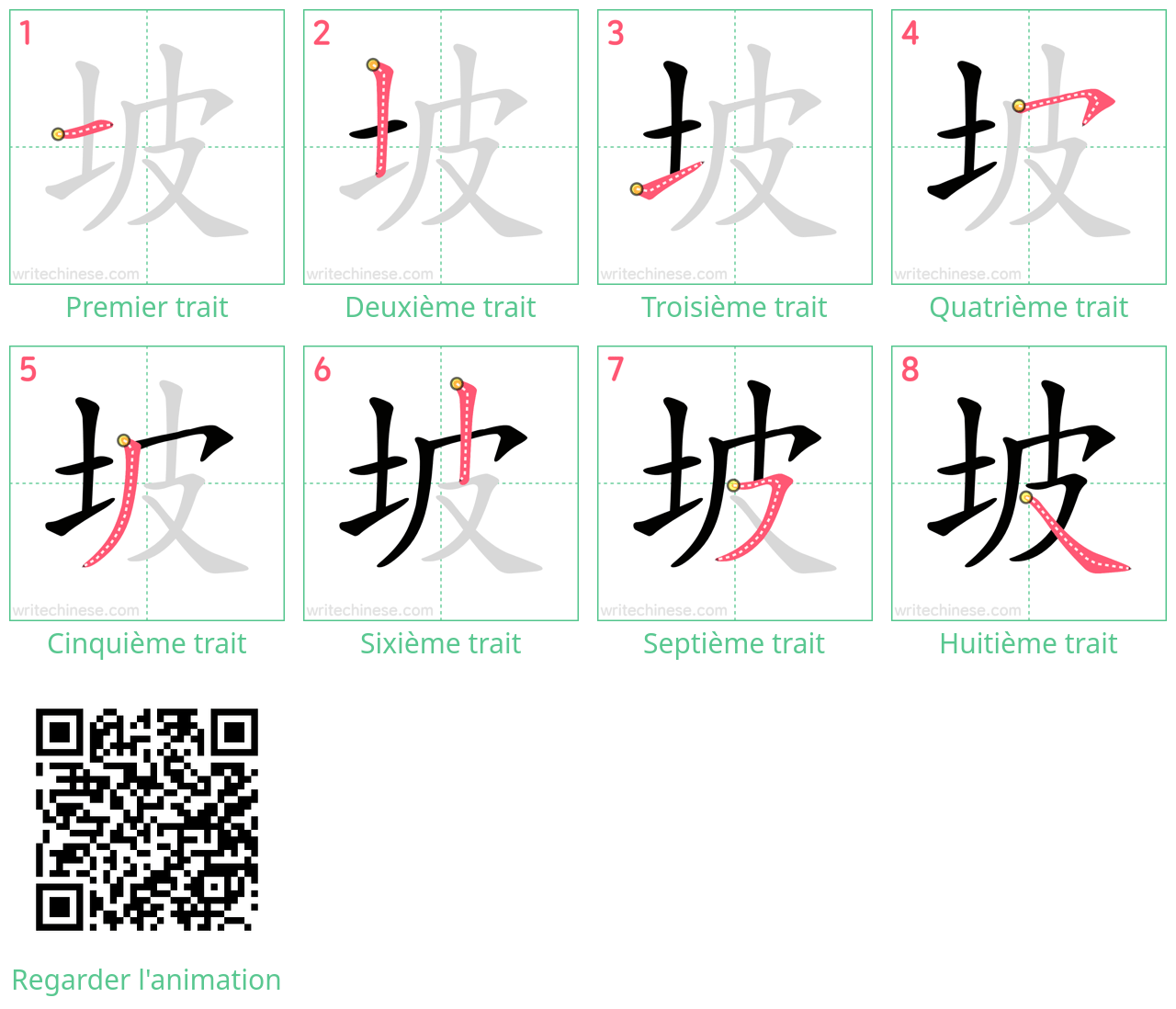 Diagrammes d'ordre des traits étape par étape pour le caractère 坡