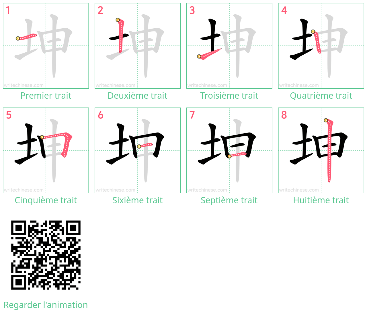 Diagrammes d'ordre des traits étape par étape pour le caractère 坤