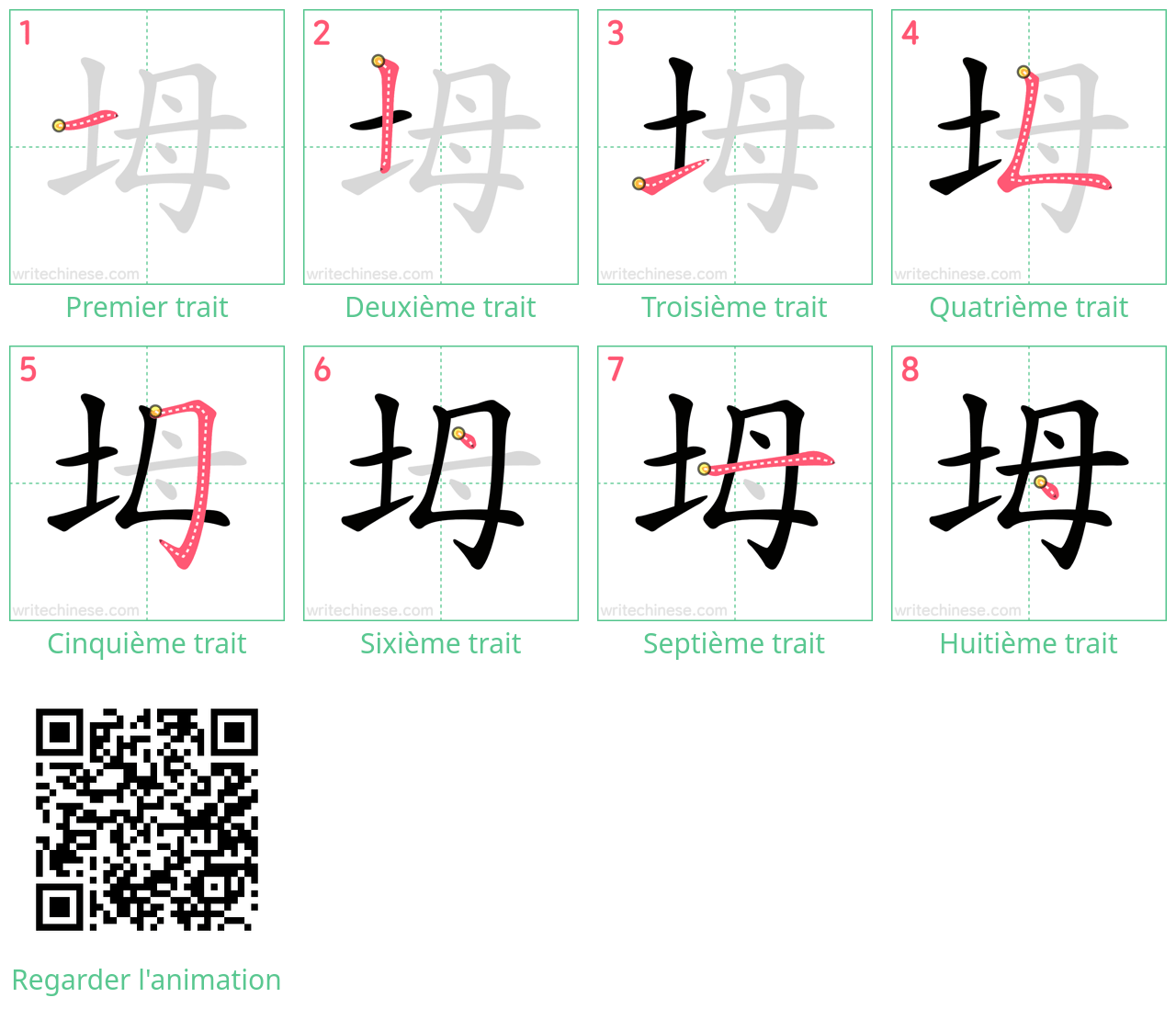 Diagrammes d'ordre des traits étape par étape pour le caractère 坶