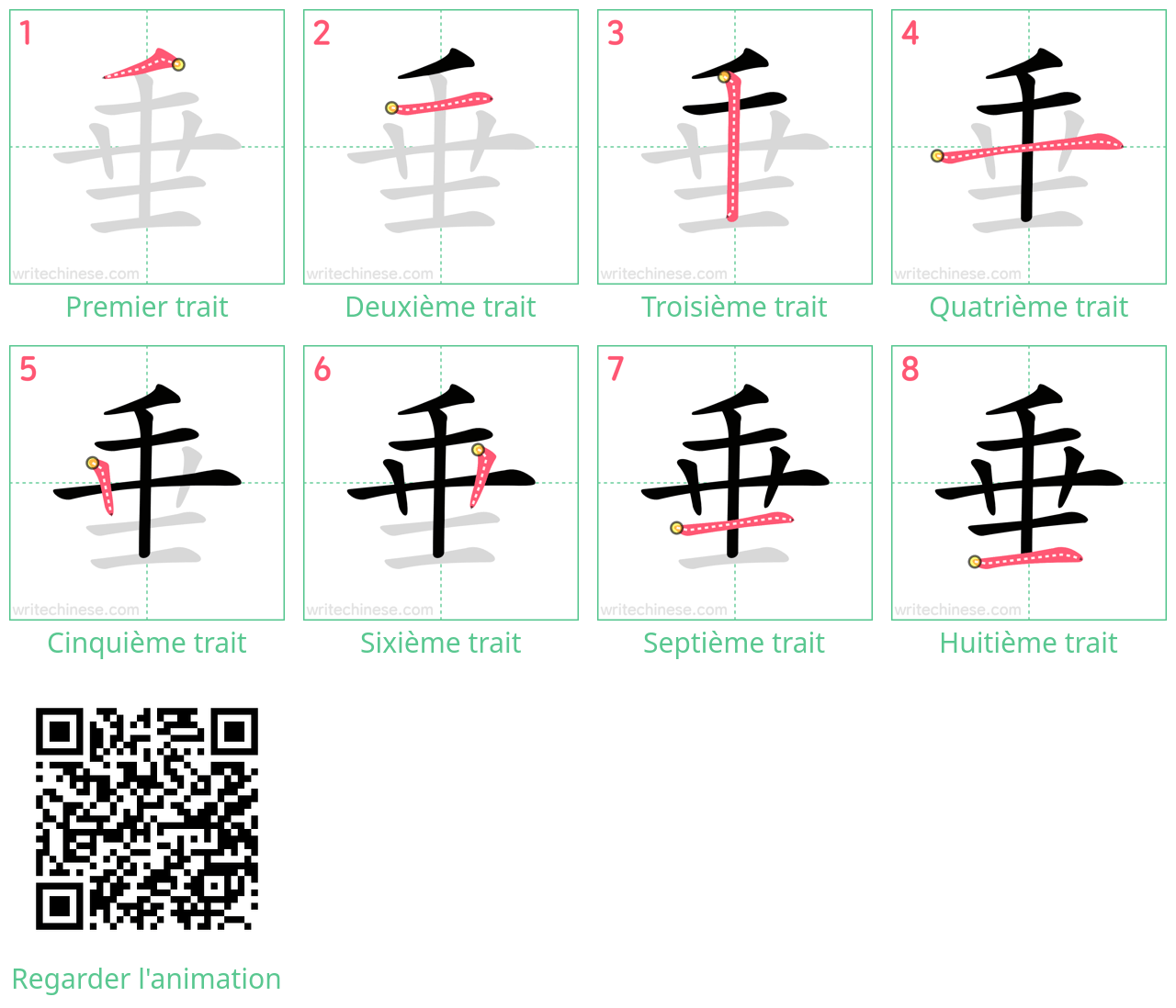 Diagrammes d'ordre des traits étape par étape pour le caractère 垂