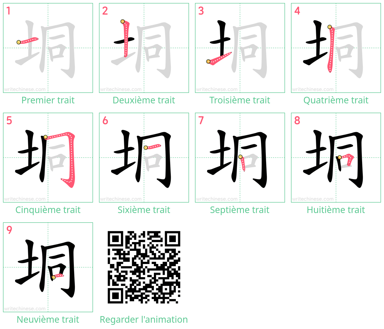 Diagrammes d'ordre des traits étape par étape pour le caractère 垌