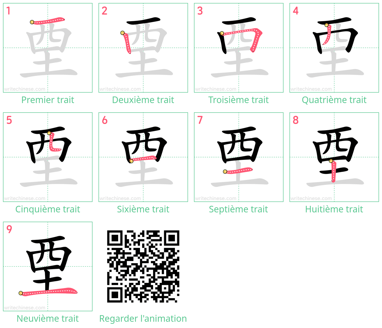 Diagrammes d'ordre des traits étape par étape pour le caractère 垔