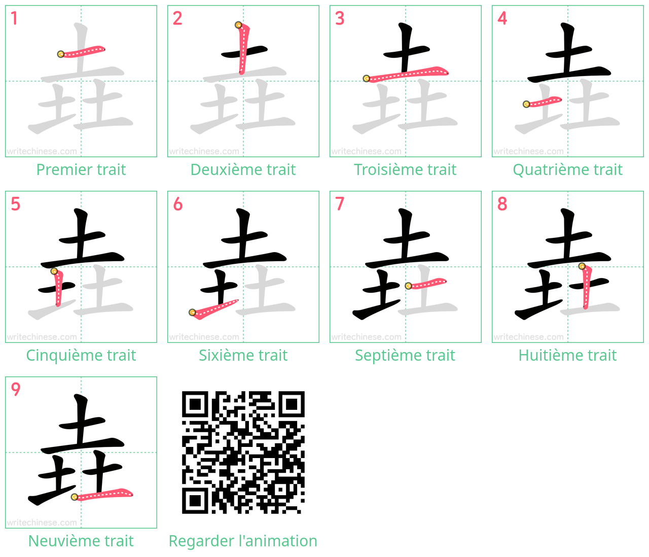 Diagrammes d'ordre des traits étape par étape pour le caractère 垚