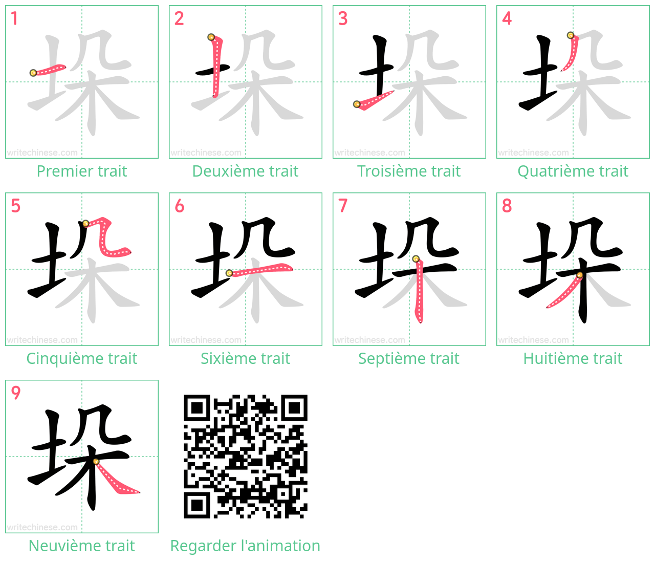 Diagrammes d'ordre des traits étape par étape pour le caractère 垛