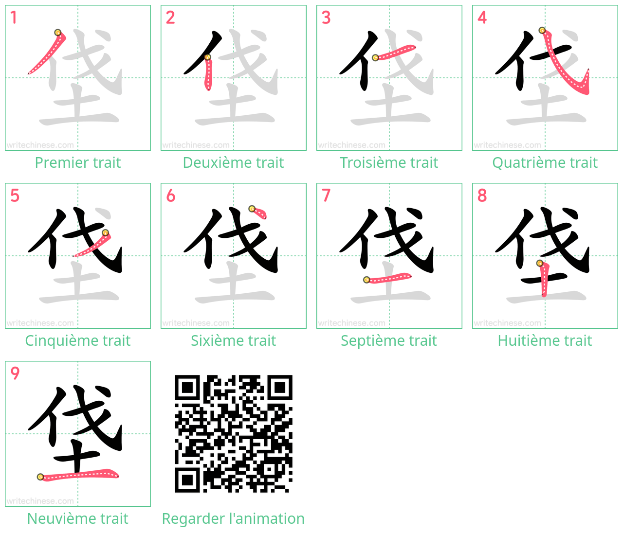 Diagrammes d'ordre des traits étape par étape pour le caractère 垡