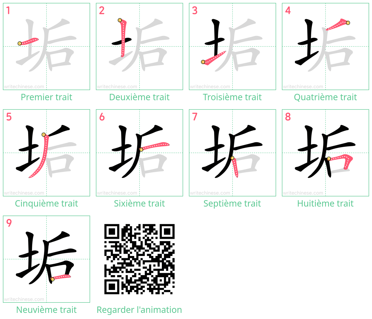 Diagrammes d'ordre des traits étape par étape pour le caractère 垢