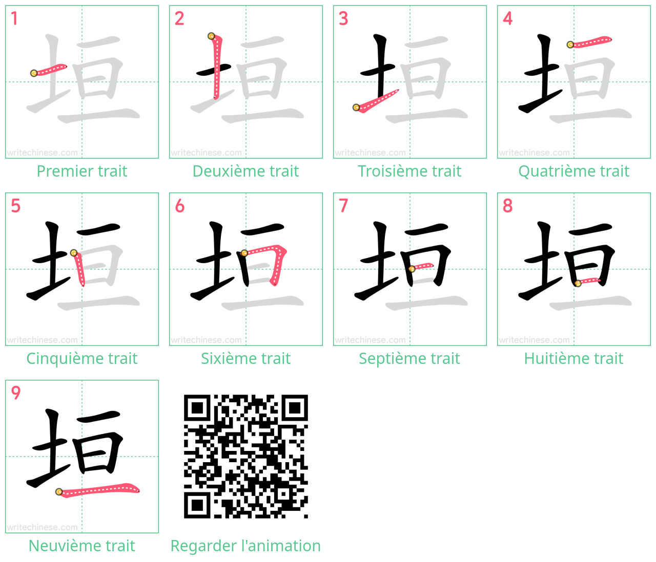 Diagrammes d'ordre des traits étape par étape pour le caractère 垣