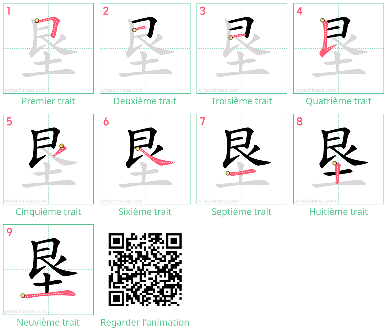 Diagrammes d'ordre des traits étape par étape pour le caractère 垦