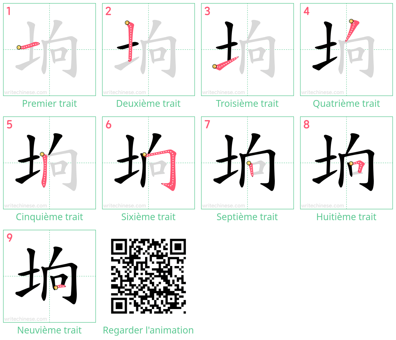 Diagrammes d'ordre des traits étape par étape pour le caractère 垧