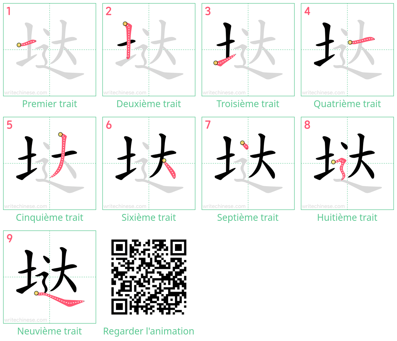 Diagrammes d'ordre des traits étape par étape pour le caractère 垯