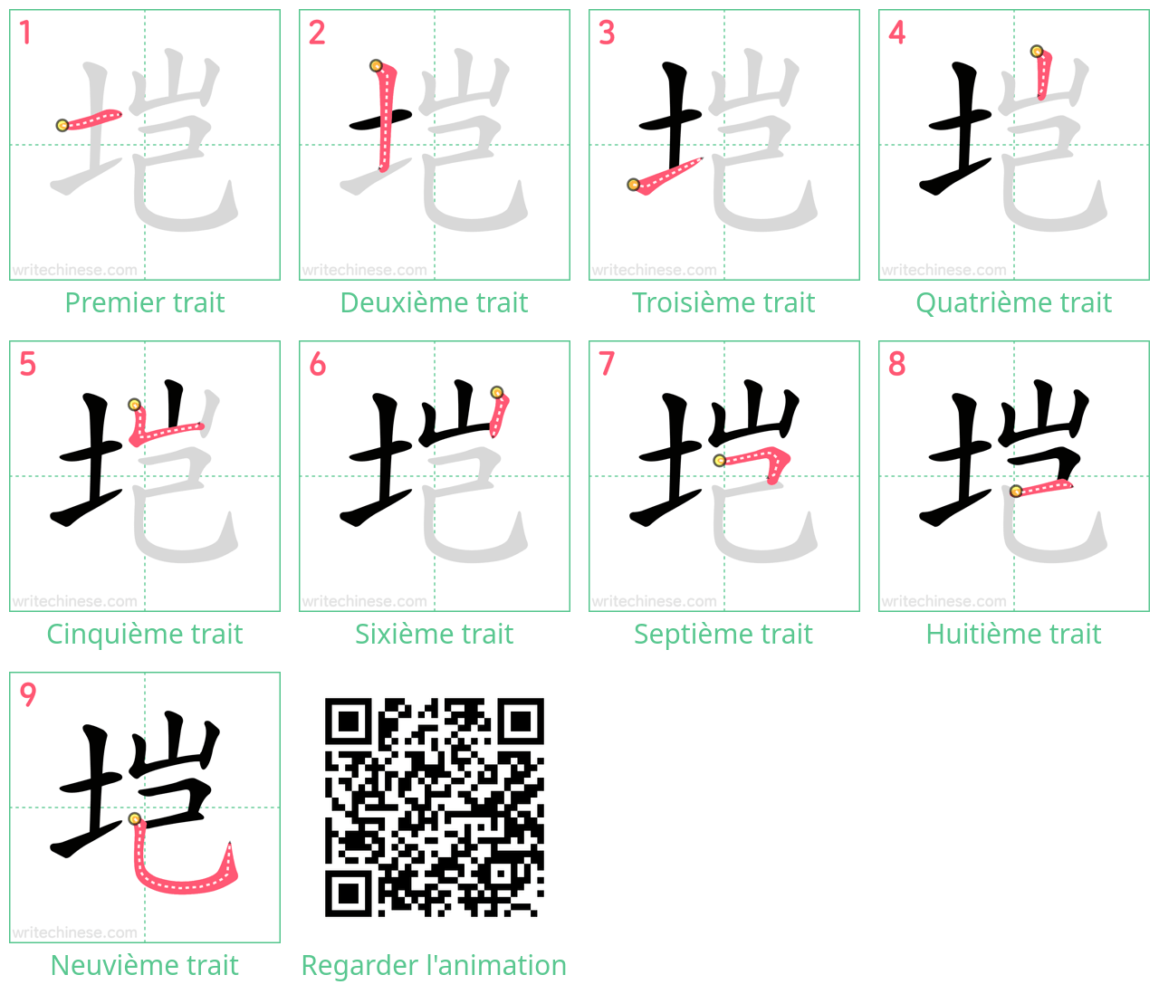 Diagrammes d'ordre des traits étape par étape pour le caractère 垲