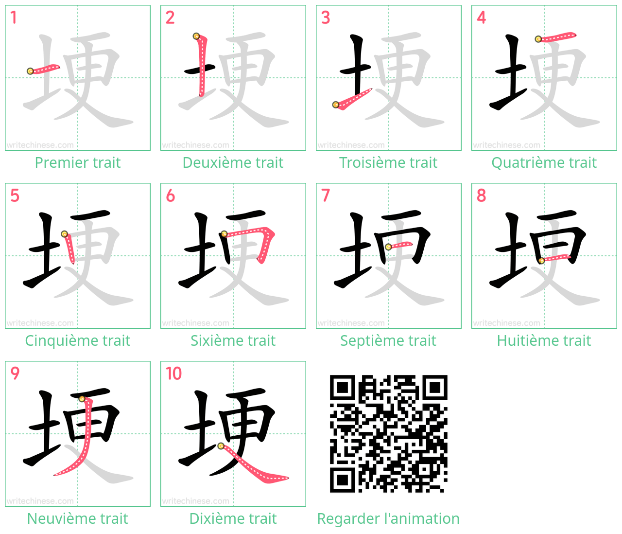 Diagrammes d'ordre des traits étape par étape pour le caractère 埂