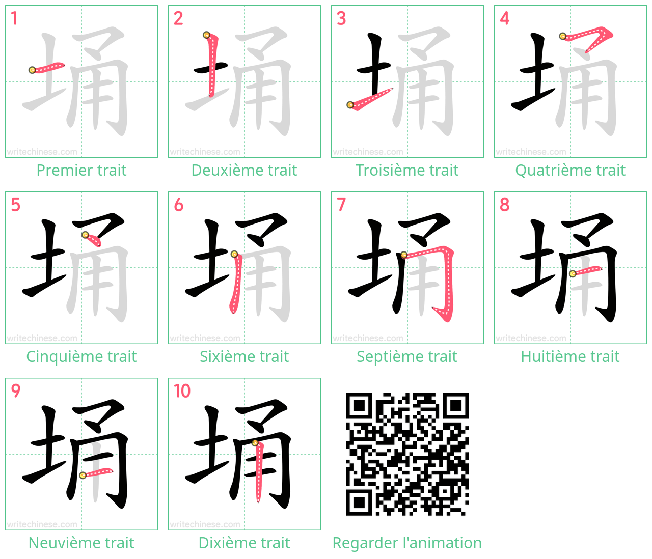 Diagrammes d'ordre des traits étape par étape pour le caractère 埇