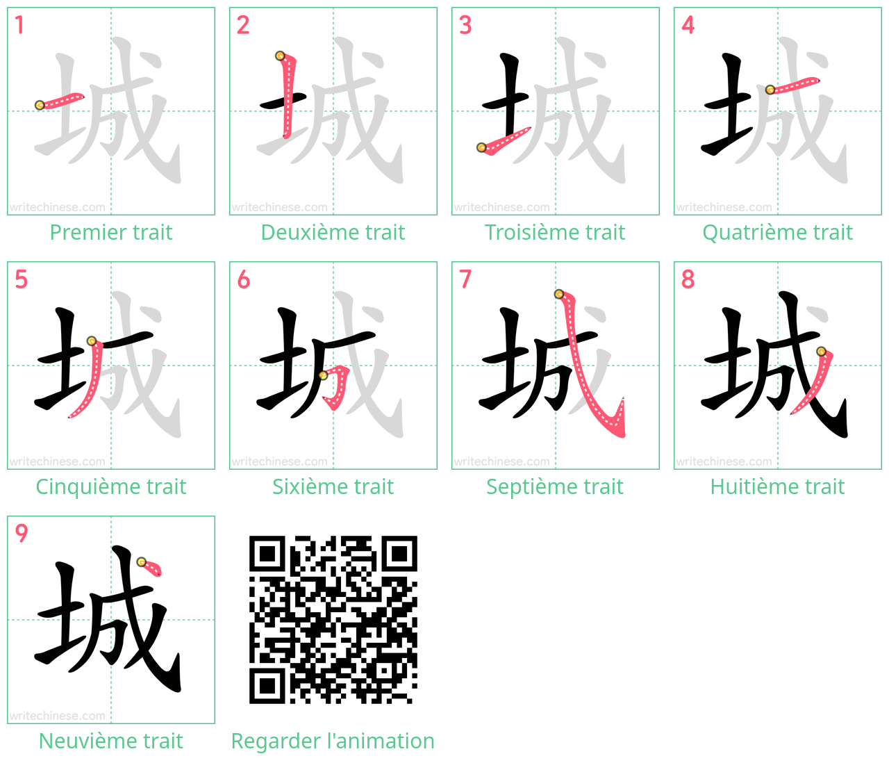 Diagrammes d'ordre des traits étape par étape pour le caractère 城