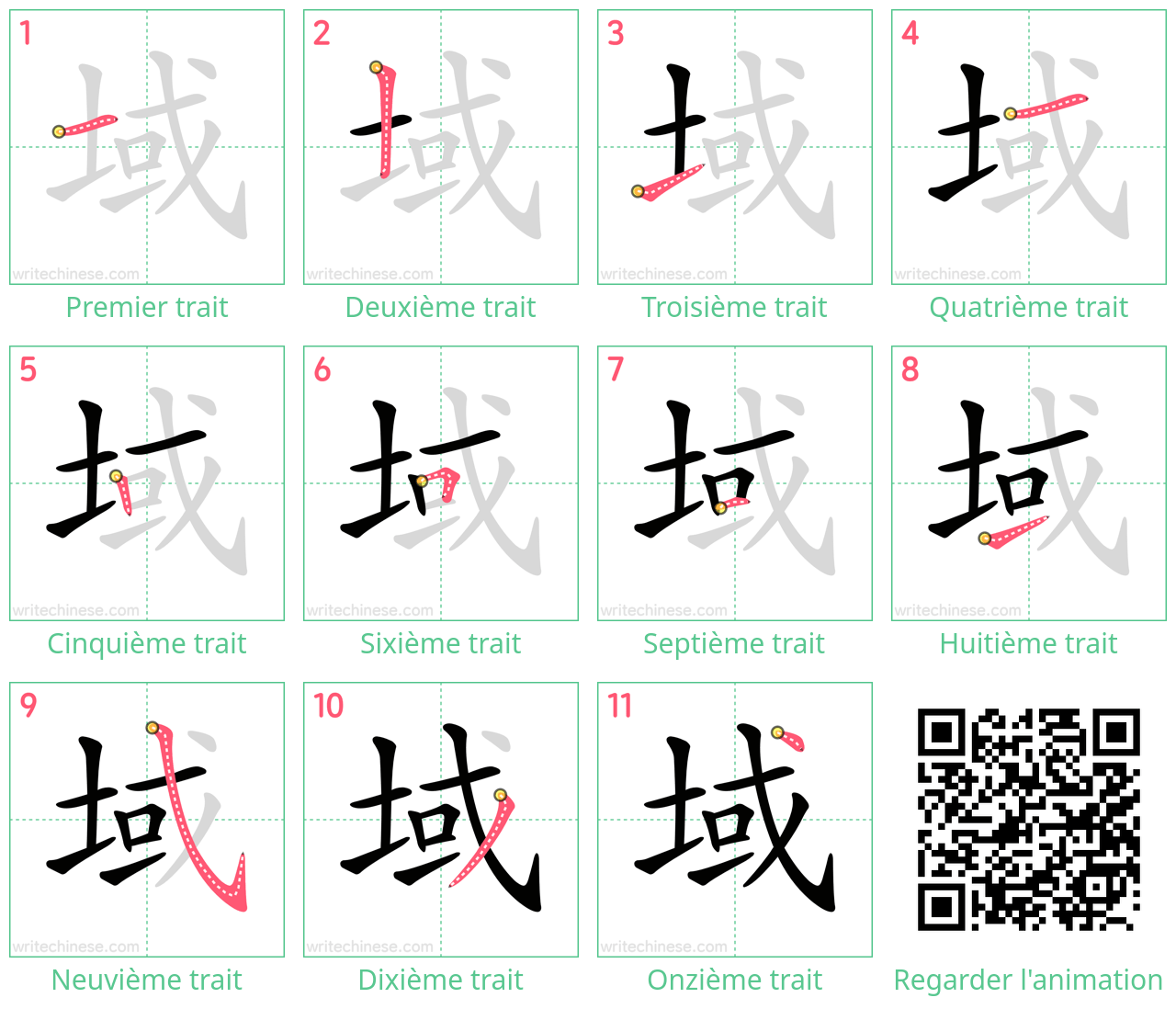 Diagrammes d'ordre des traits étape par étape pour le caractère 域