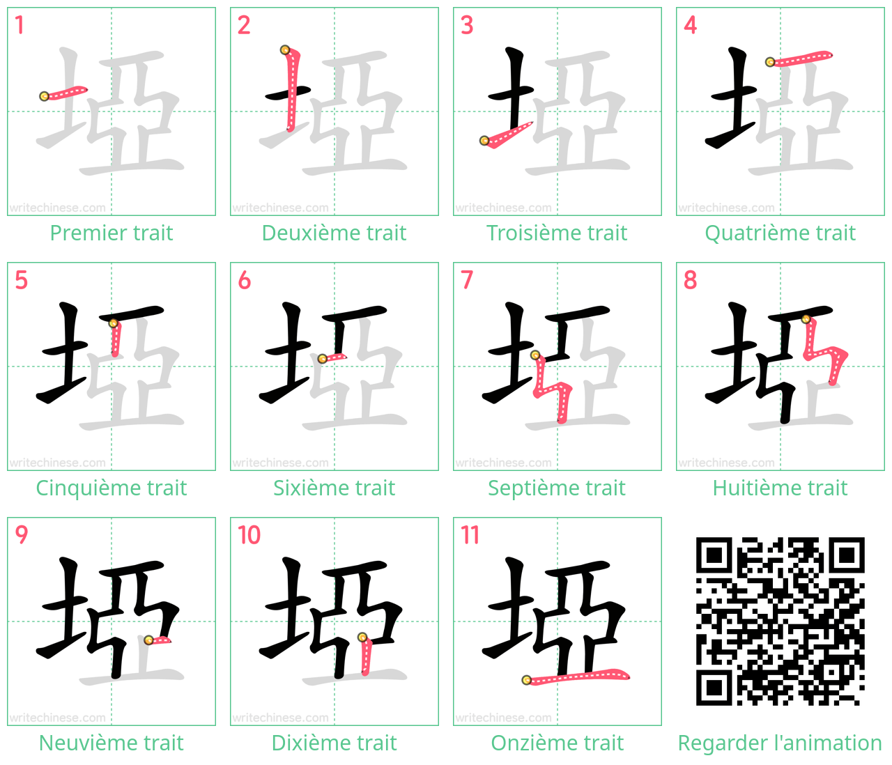 Diagrammes d'ordre des traits étape par étape pour le caractère 埡