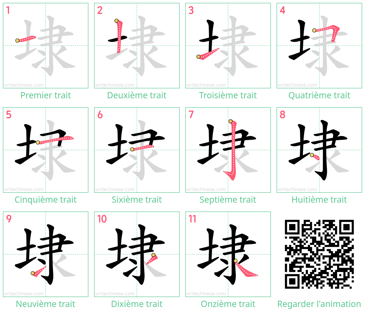 Diagrammes d'ordre des traits étape par étape pour le caractère 埭