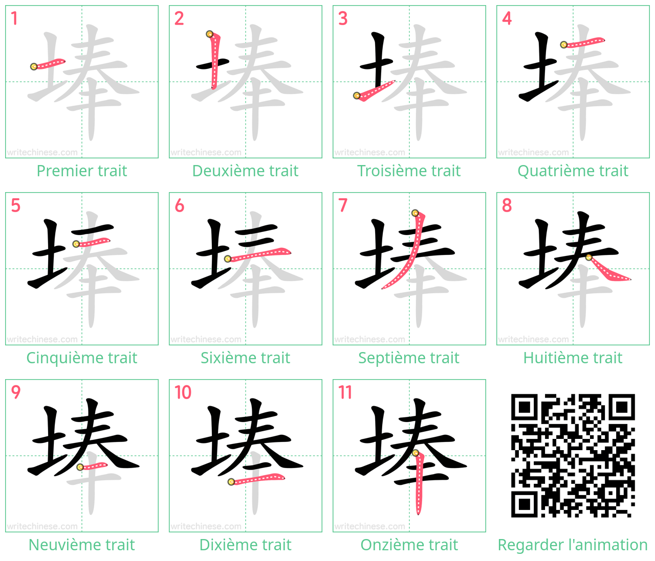 Diagrammes d'ordre des traits étape par étape pour le caractère 埲