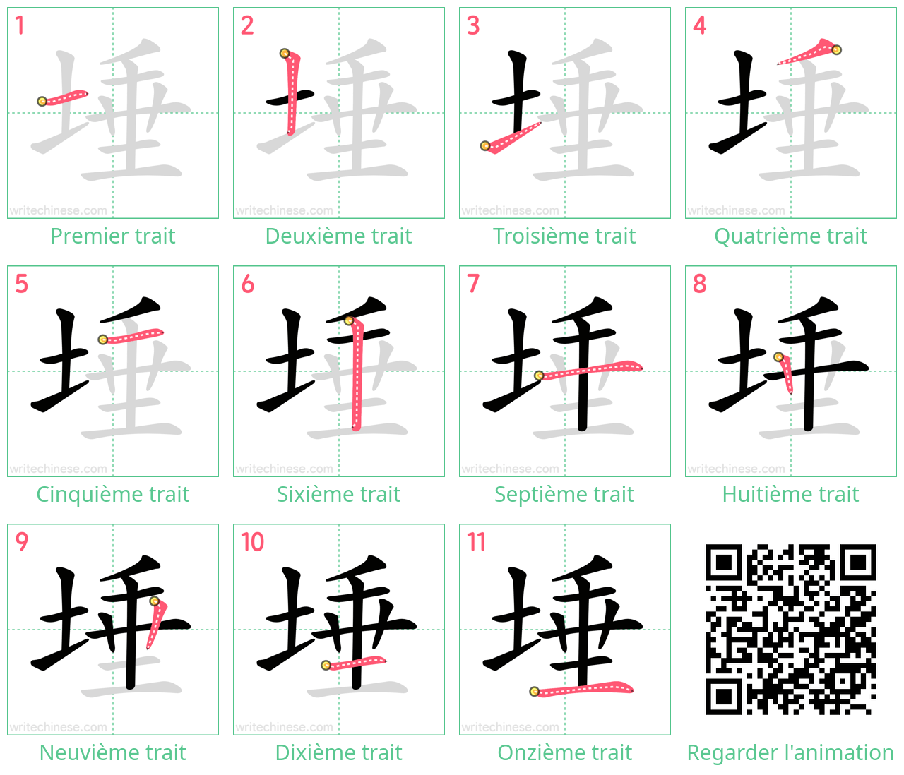 Diagrammes d'ordre des traits étape par étape pour le caractère 埵