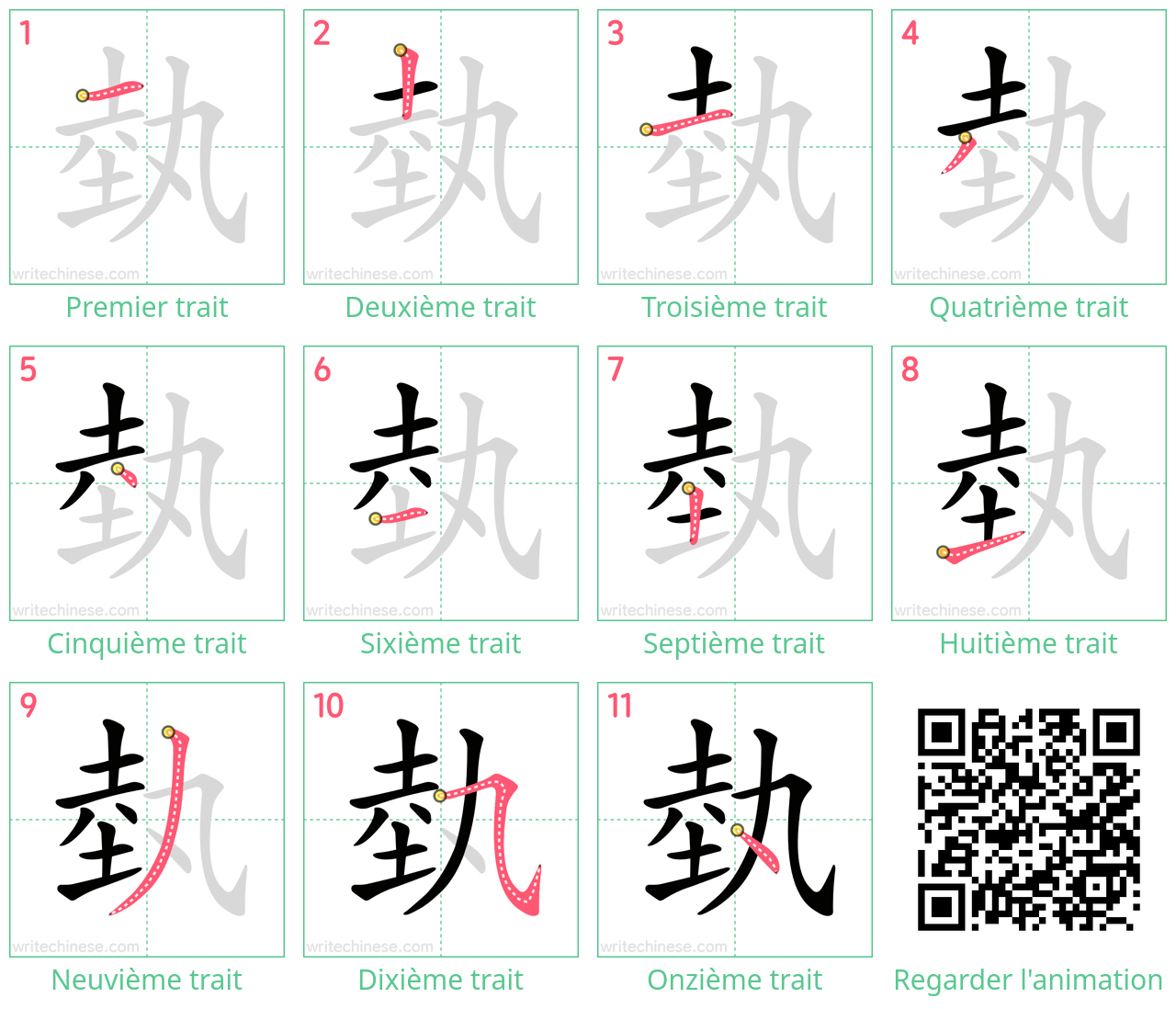 Diagrammes d'ordre des traits étape par étape pour le caractère 埶