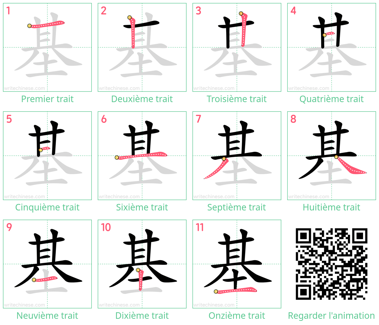 Diagrammes d'ordre des traits étape par étape pour le caractère 基