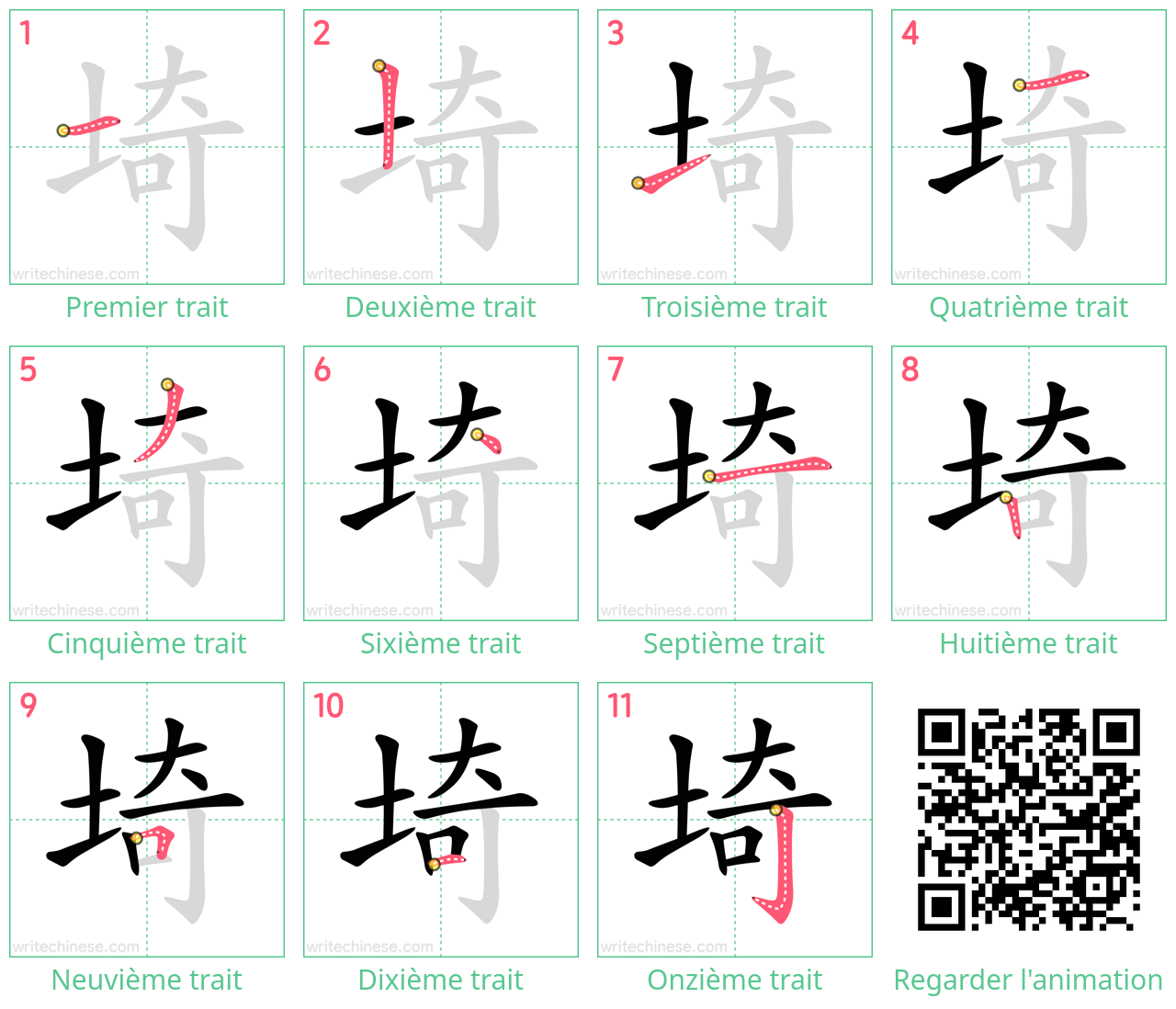 Diagrammes d'ordre des traits étape par étape pour le caractère 埼