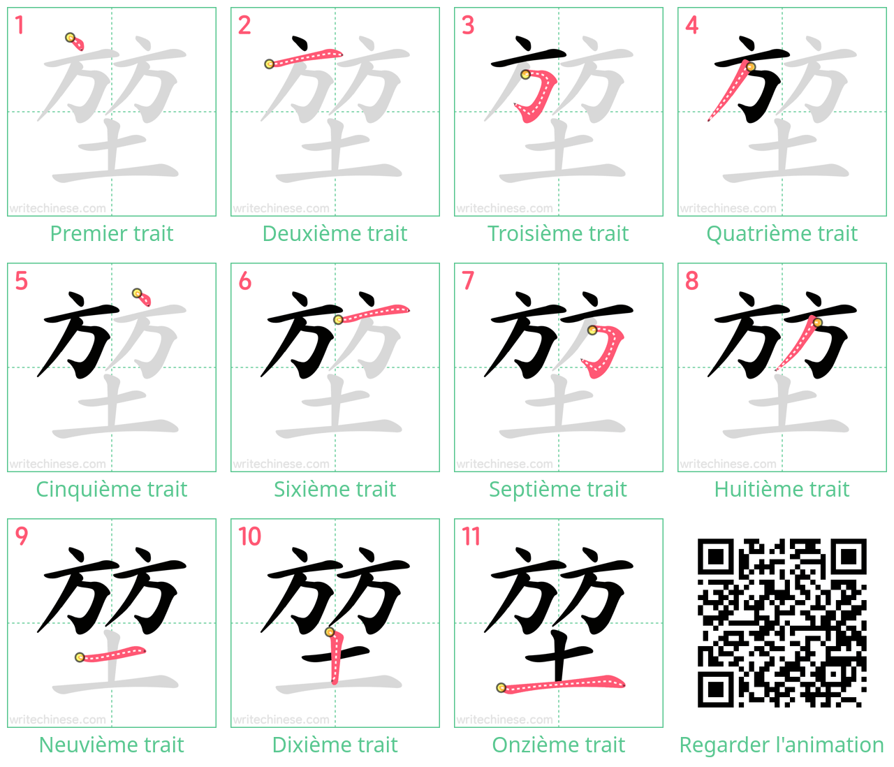 Diagrammes d'ordre des traits étape par étape pour le caractère 堃