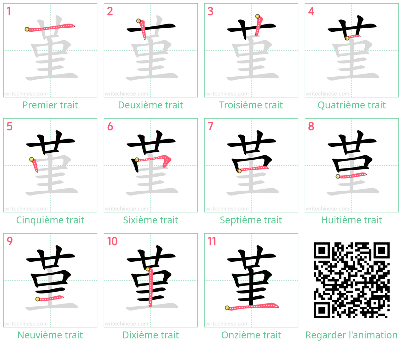 Diagrammes d'ordre des traits étape par étape pour le caractère 堇