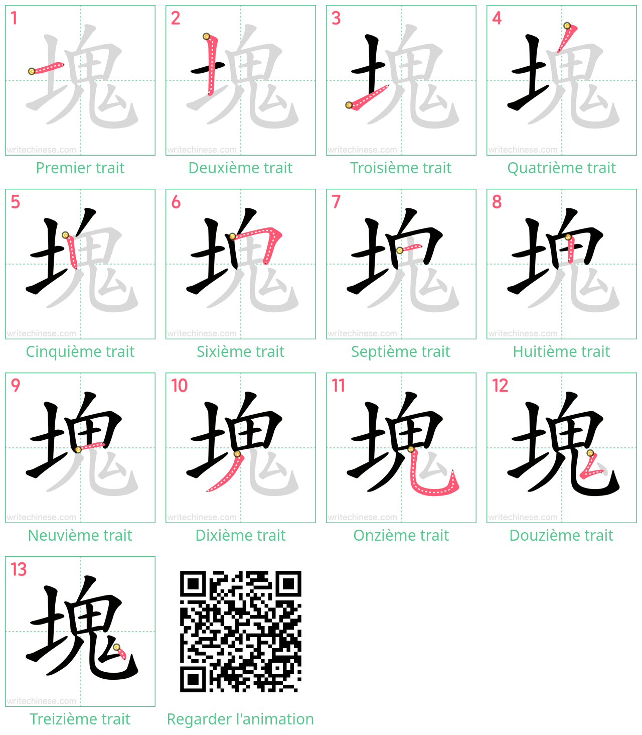 Diagrammes d'ordre des traits étape par étape pour le caractère 塊