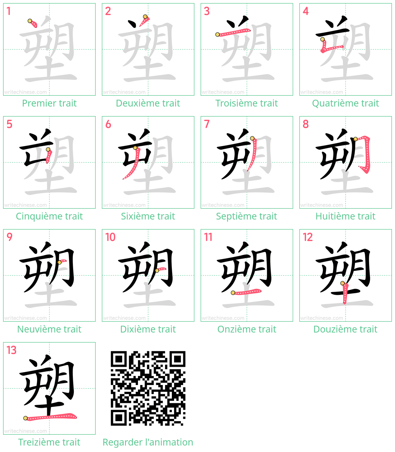 Diagrammes d'ordre des traits étape par étape pour le caractère 塑