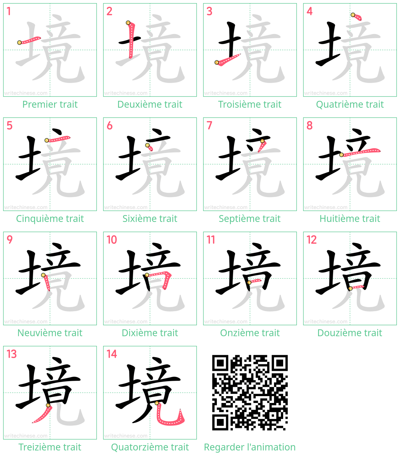 Diagrammes d'ordre des traits étape par étape pour le caractère 境