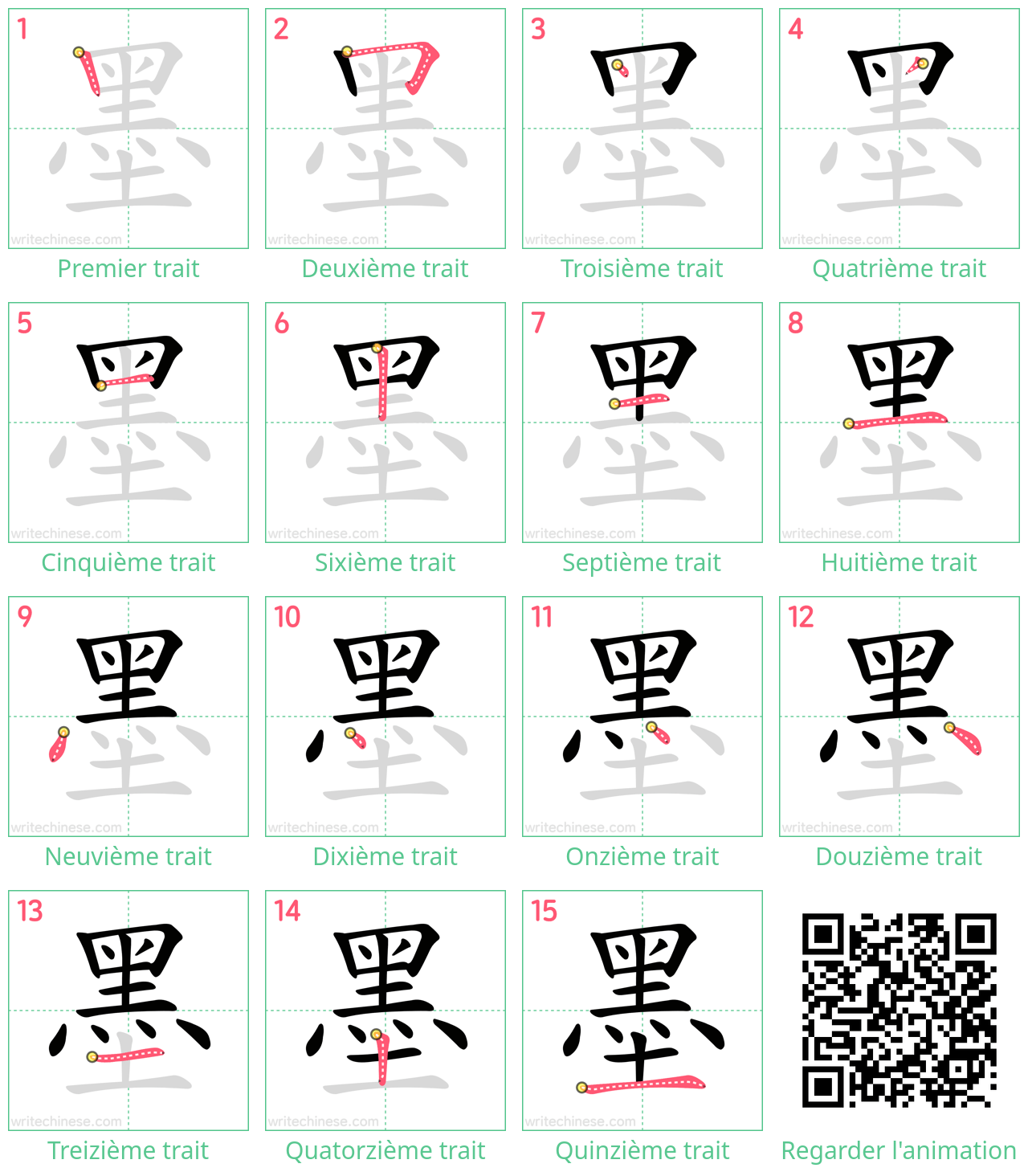 Diagrammes d'ordre des traits étape par étape pour le caractère 墨