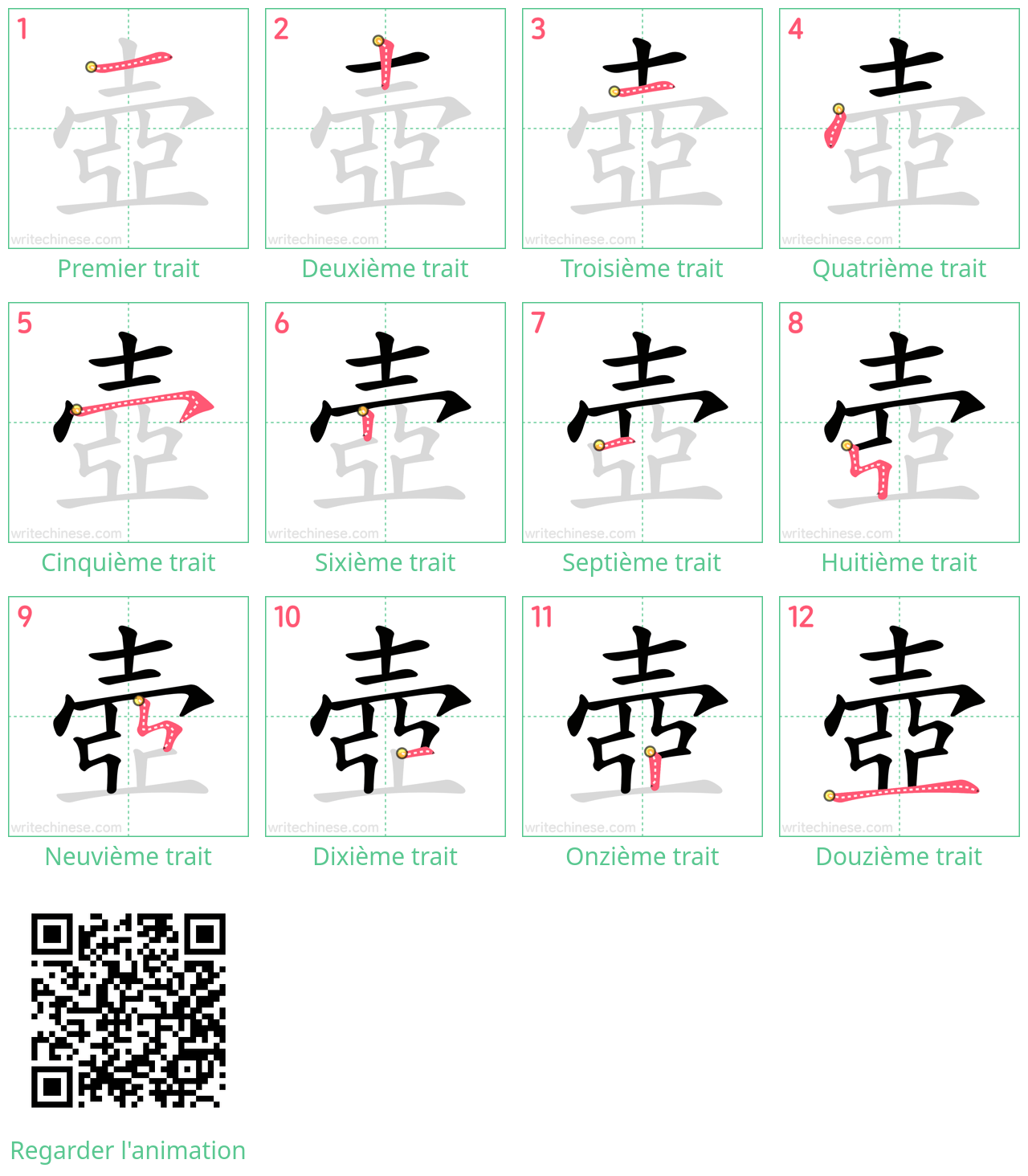 Diagrammes d'ordre des traits étape par étape pour le caractère 壺