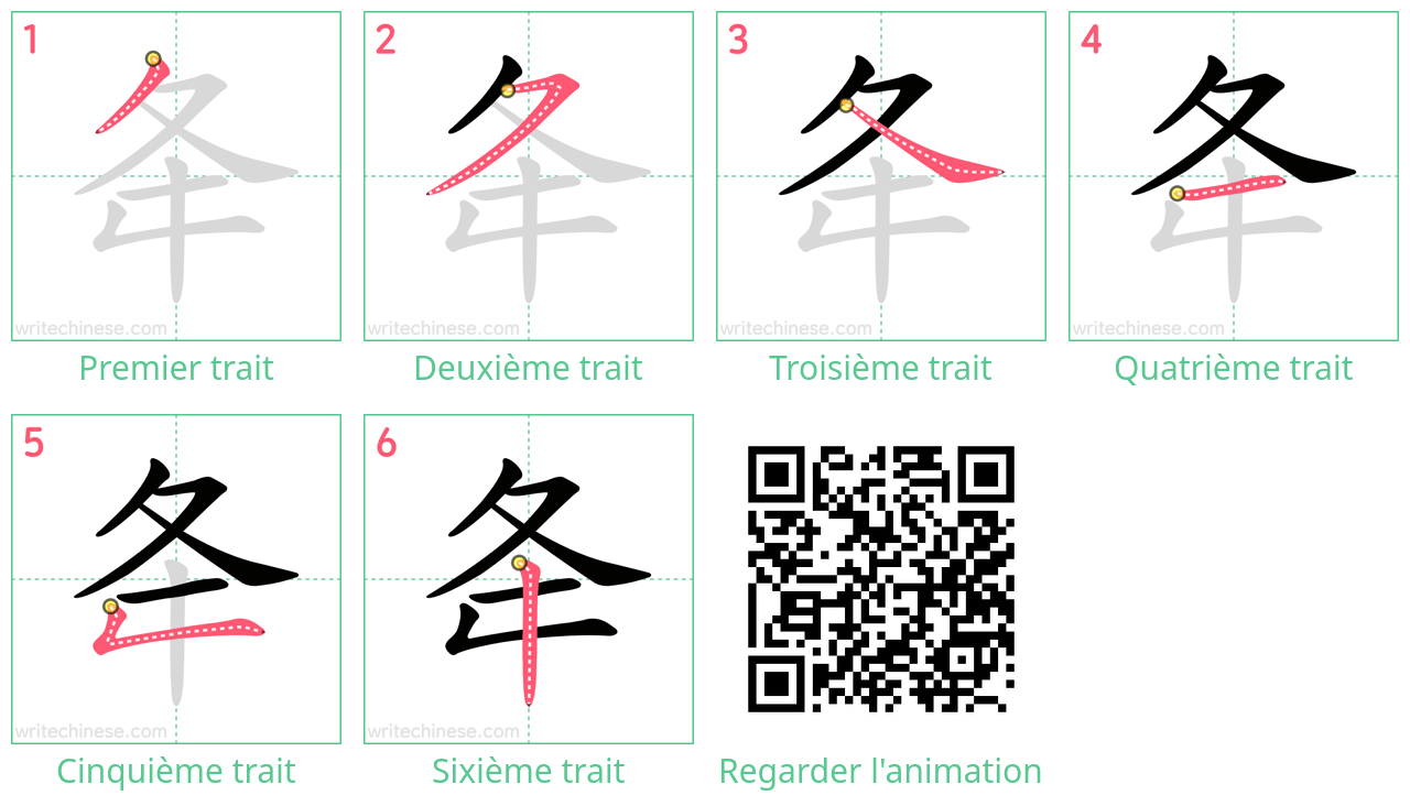 Diagrammes d'ordre des traits étape par étape pour le caractère 夅