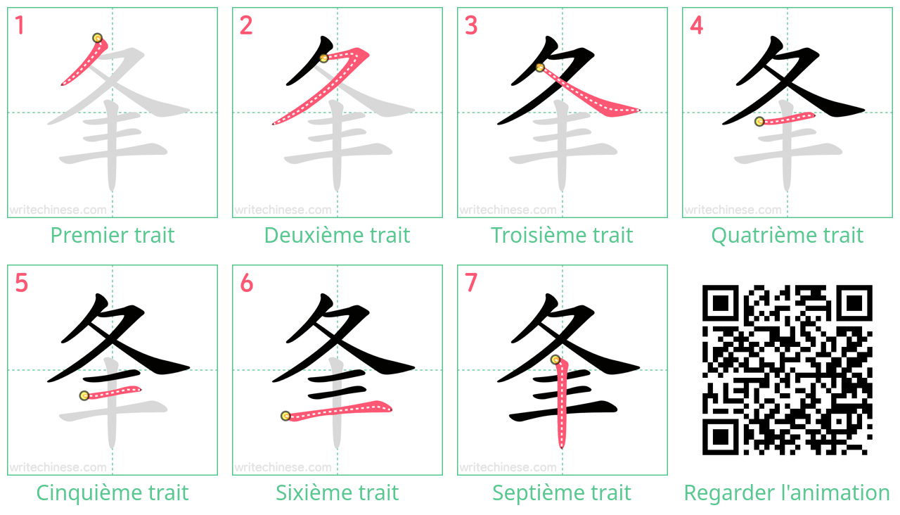 Diagrammes d'ordre des traits étape par étape pour le caractère 夆