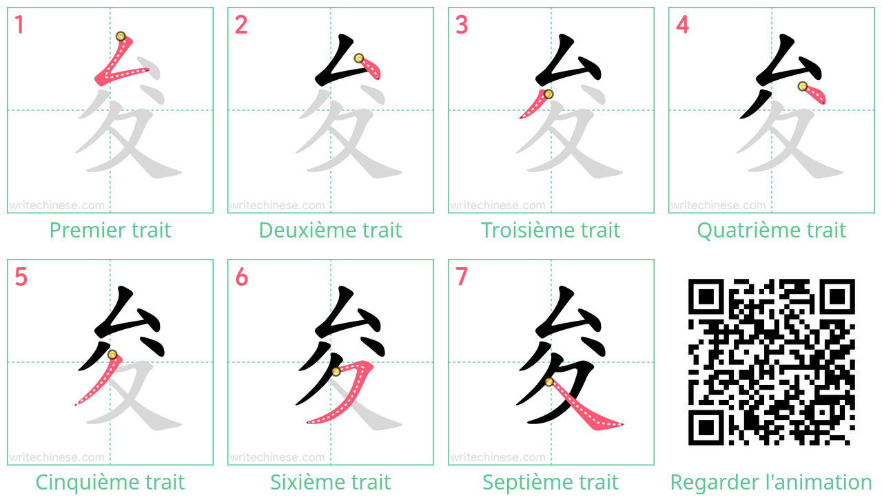 Diagrammes d'ordre des traits étape par étape pour le caractère 夋