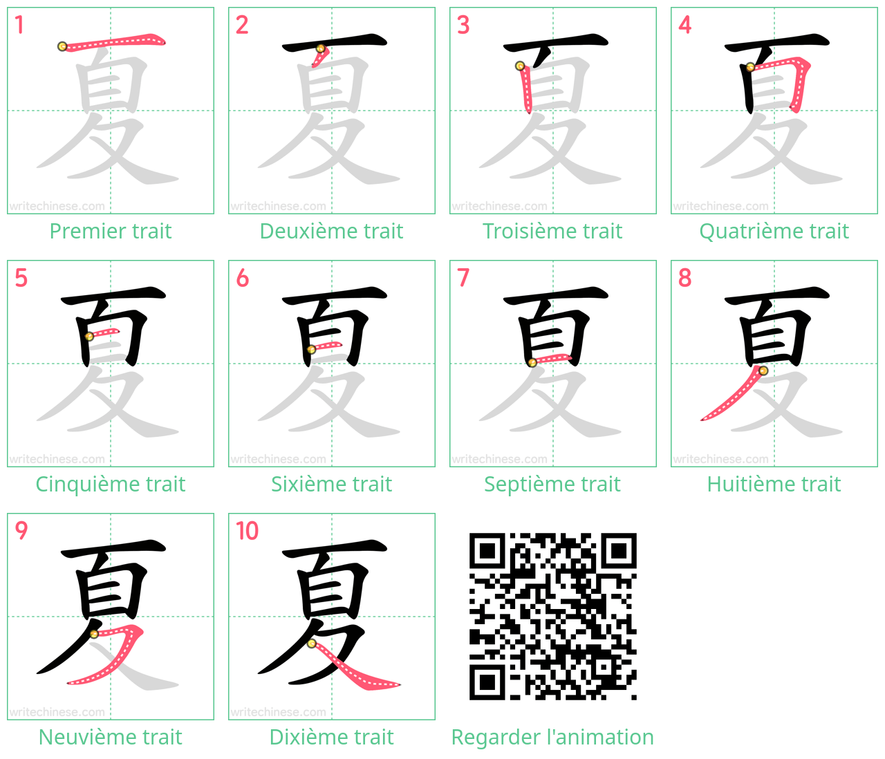 Diagrammes d'ordre des traits étape par étape pour le caractère 夏