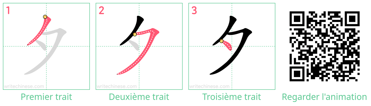 Diagrammes d'ordre des traits étape par étape pour le caractère 夕