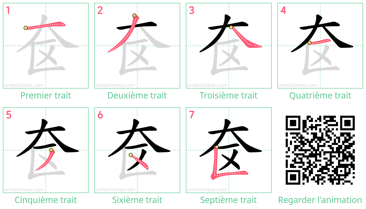 Diagrammes d'ordre des traits étape par étape pour le caractère 奁