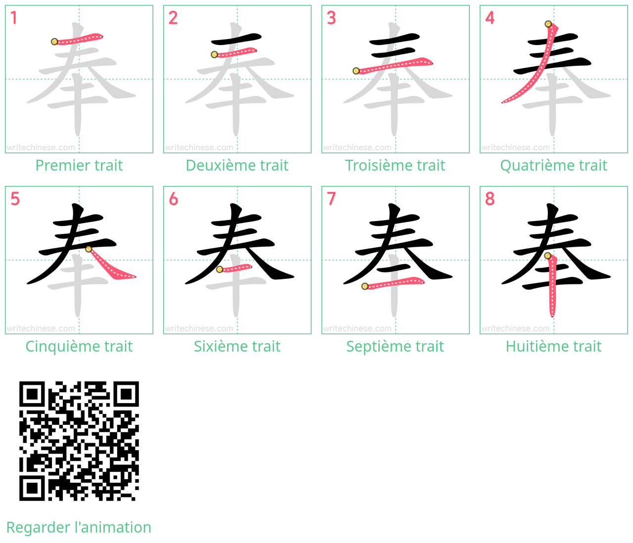 Diagrammes d'ordre des traits étape par étape pour le caractère 奉