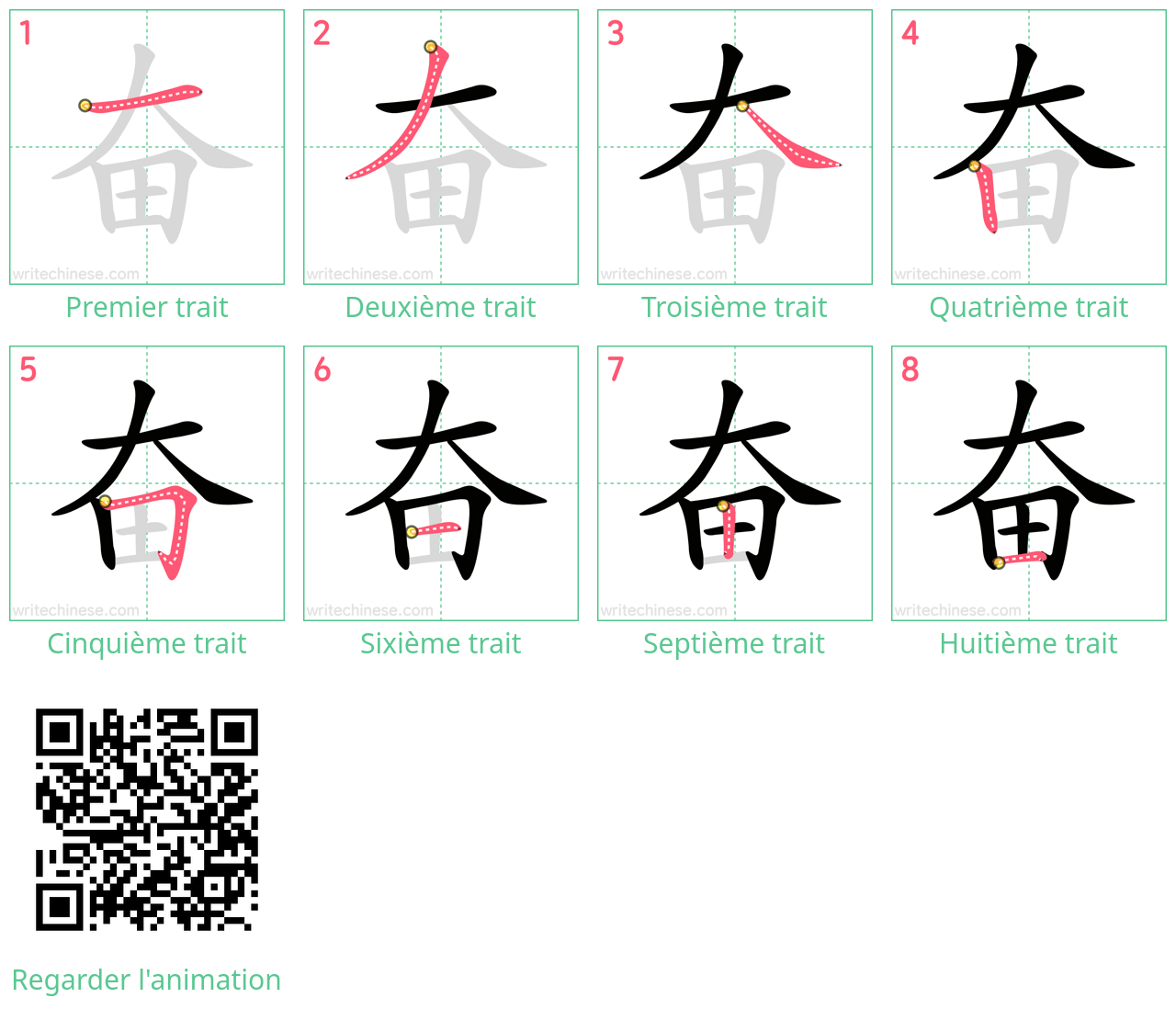 Diagrammes d'ordre des traits étape par étape pour le caractère 奋