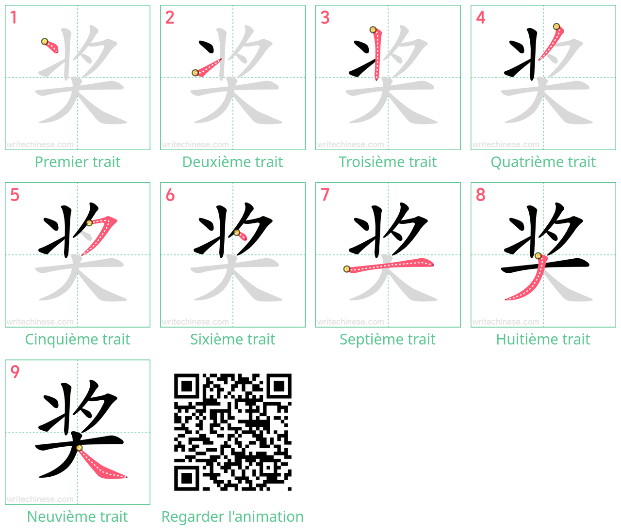 Diagrammes d'ordre des traits étape par étape pour le caractère 奖