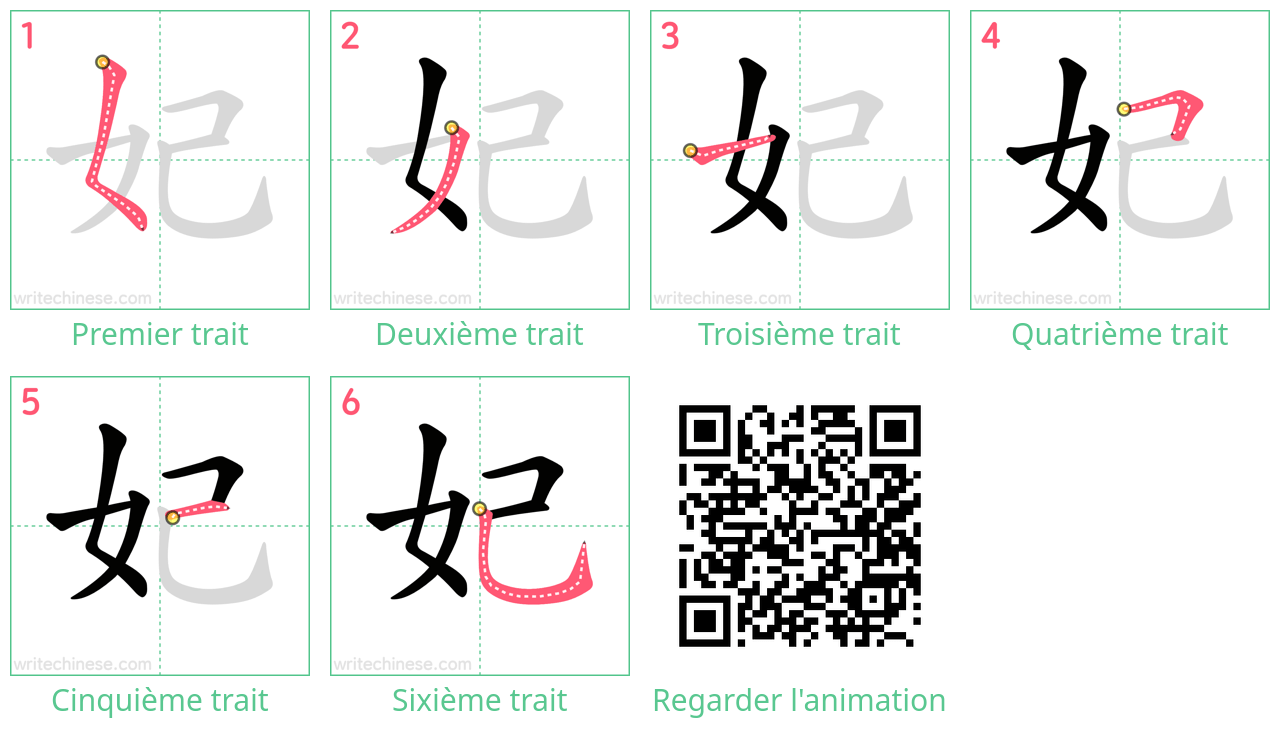 Diagrammes d'ordre des traits étape par étape pour le caractère 妃