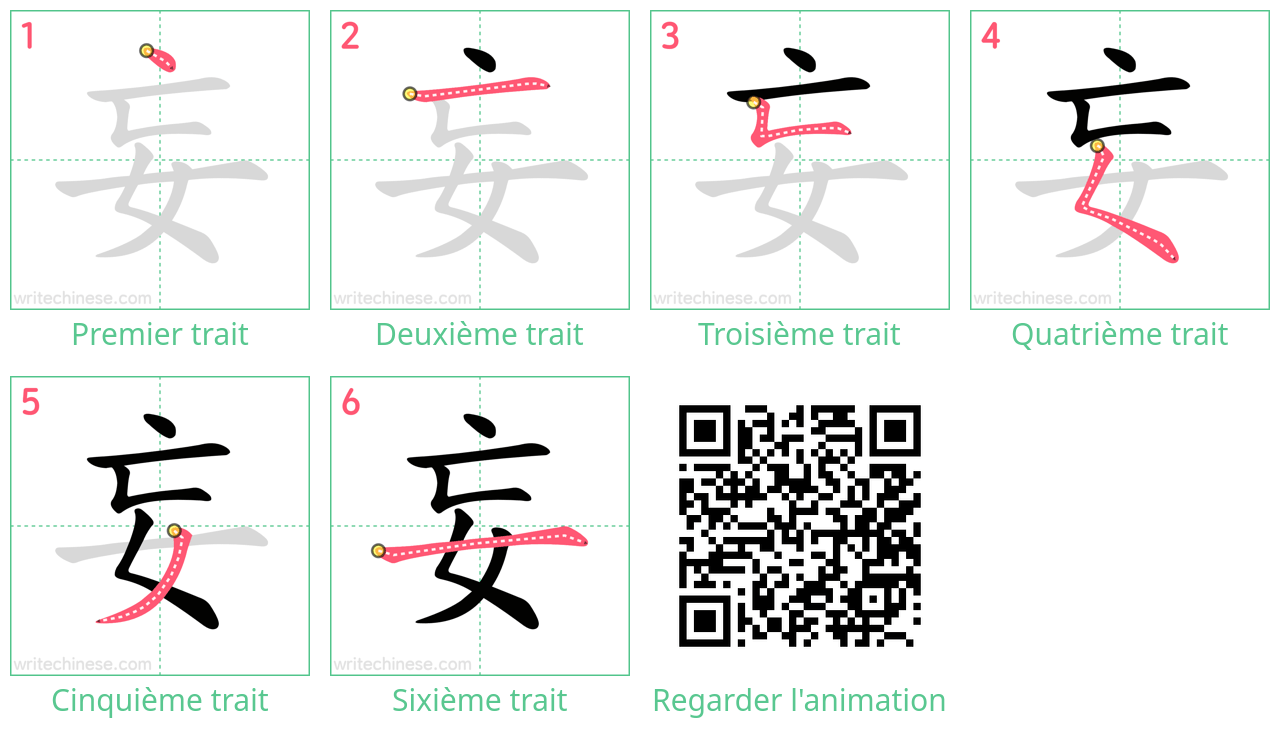 Diagrammes d'ordre des traits étape par étape pour le caractère 妄