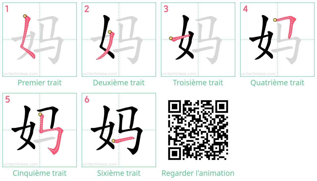 Diagrammes d'ordre des traits étape par étape pour le caractère 妈