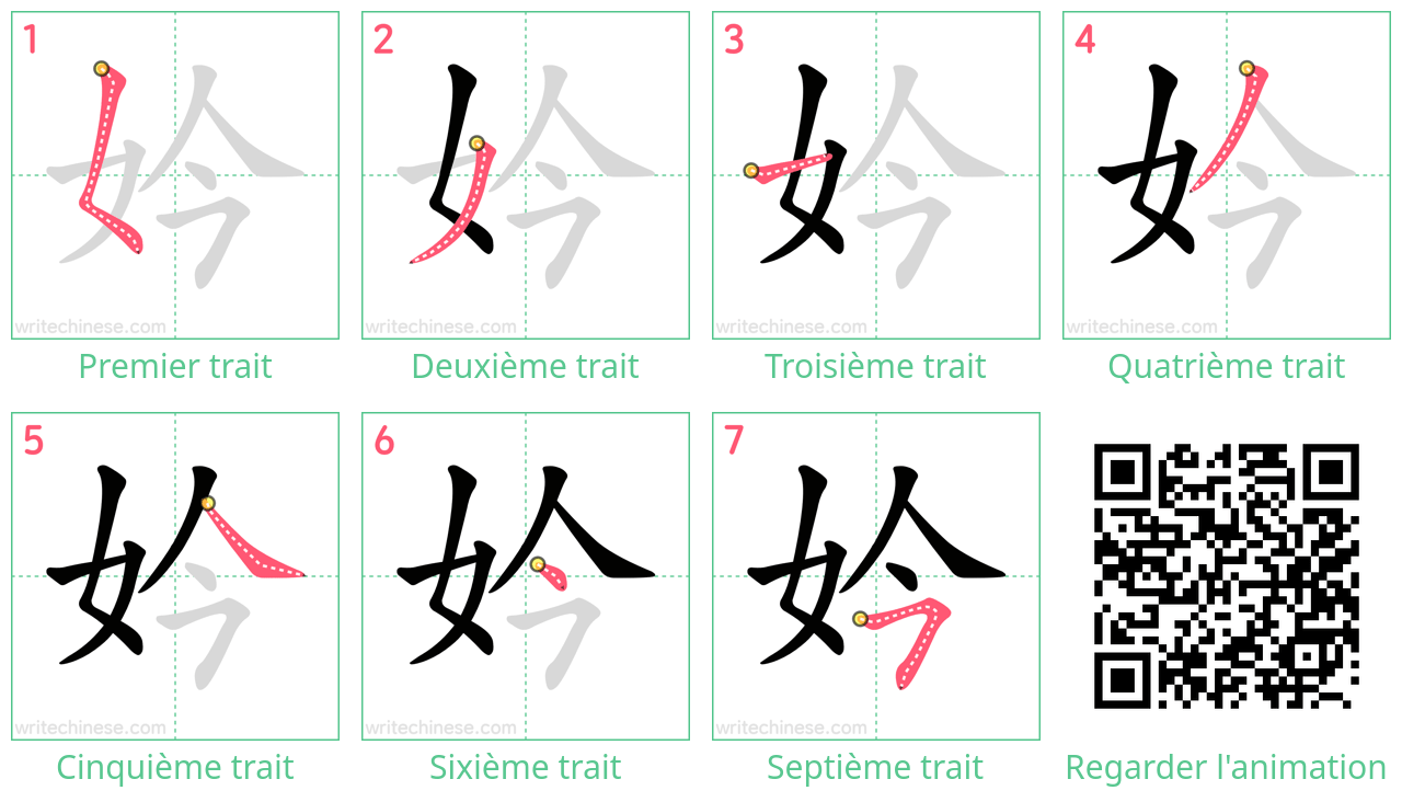 Diagrammes d'ordre des traits étape par étape pour le caractère 妗