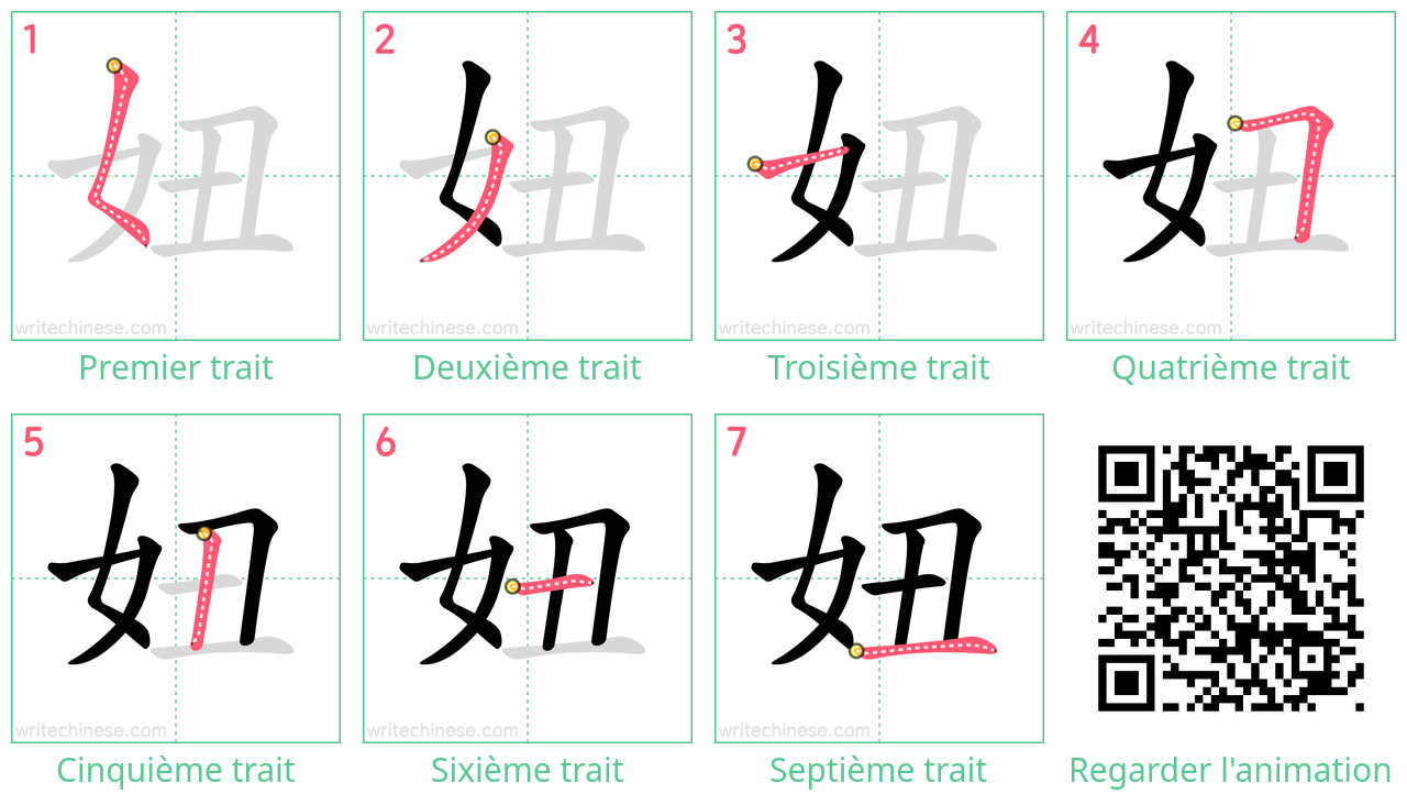 Diagrammes d'ordre des traits étape par étape pour le caractère 妞