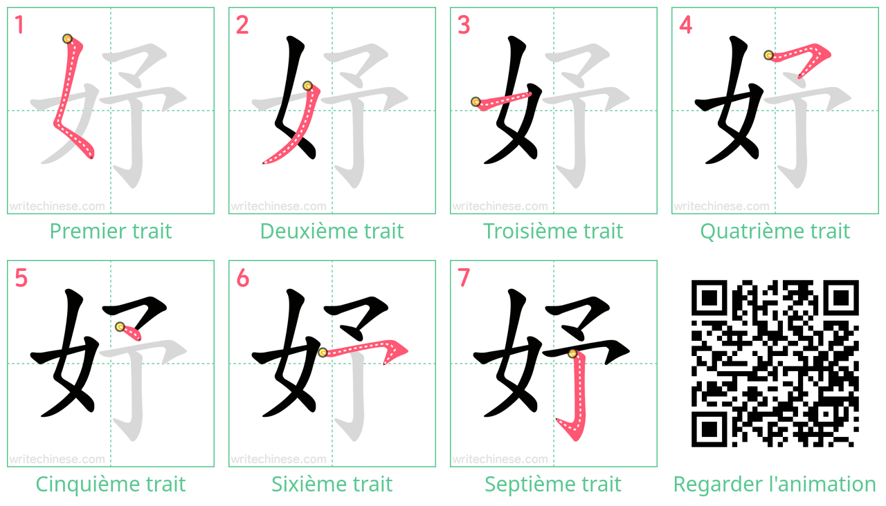 Diagrammes d'ordre des traits étape par étape pour le caractère 妤